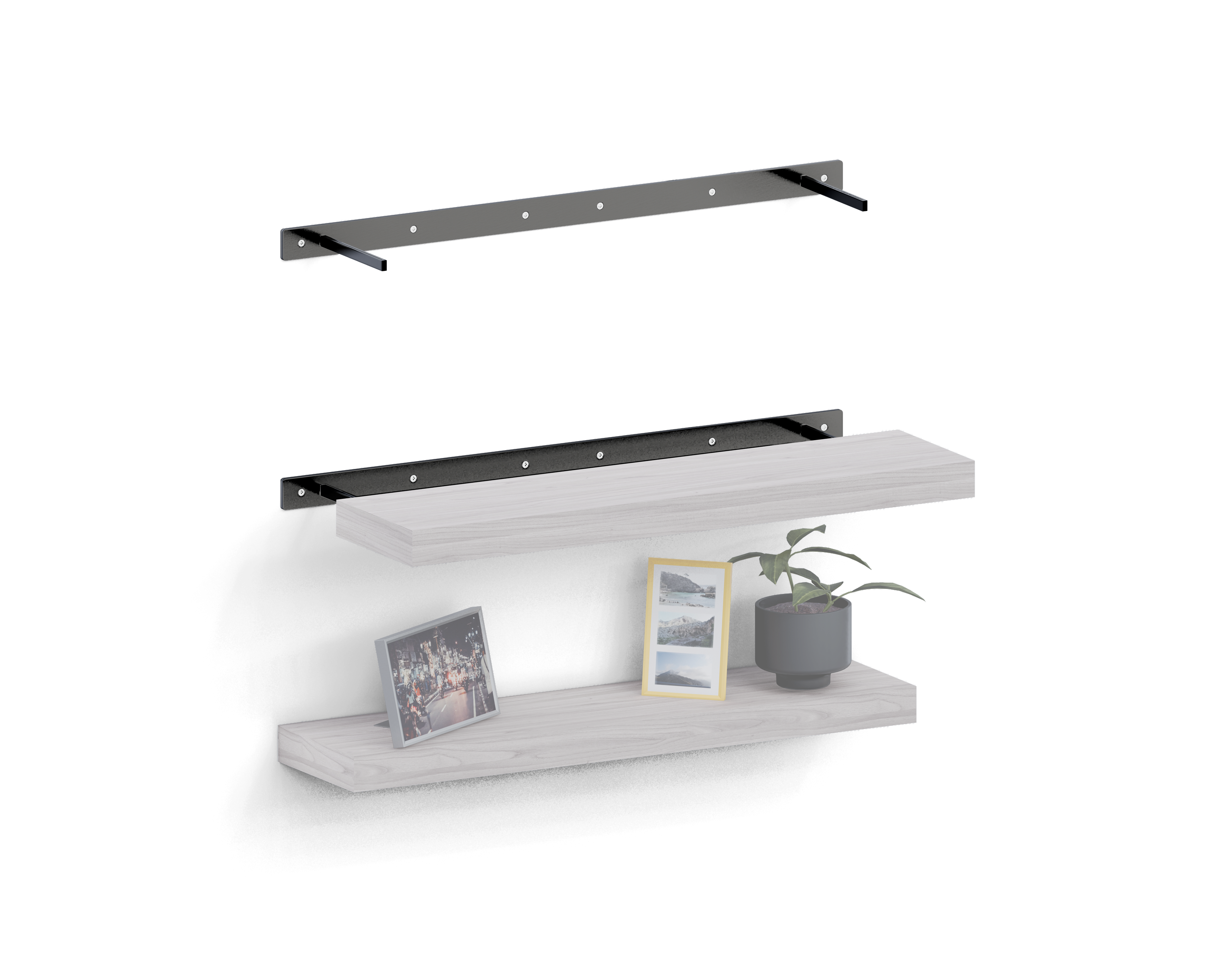 Floating shelf bracket and completed floating shelf.