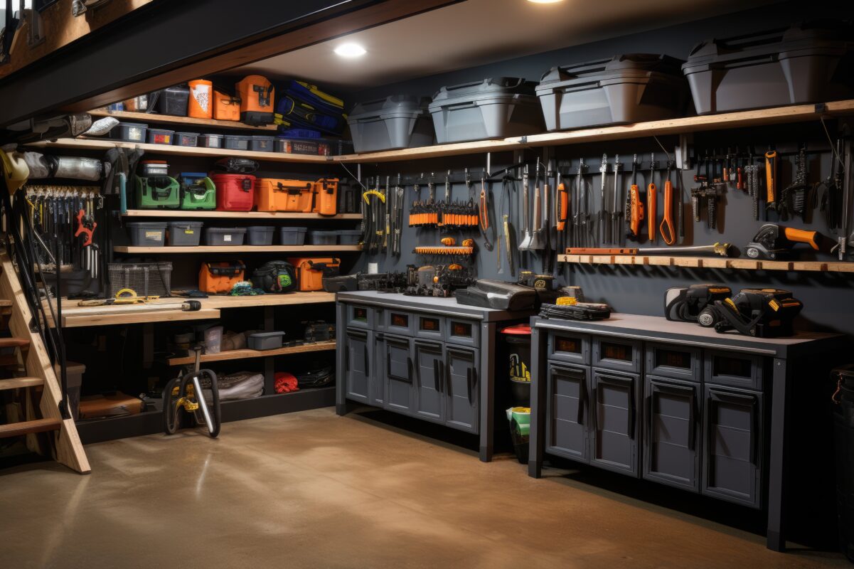 organized garage with storage solutions and shelving for various tools