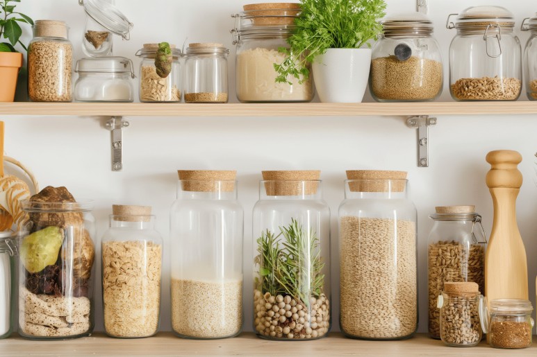 Two wooden pantry shelves with an assortment of glass jars with cork tops, containers, and potted herbs.