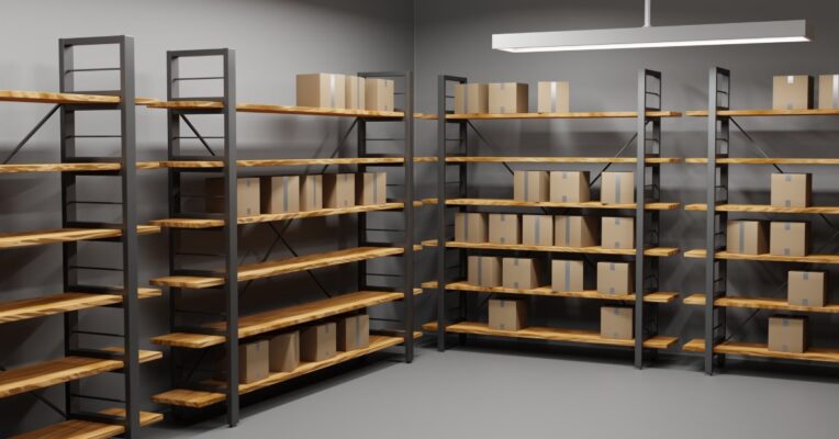 Storage shelves, identical in shape and size, against the wall in a room. Several shelves have cardboard boxes on them.